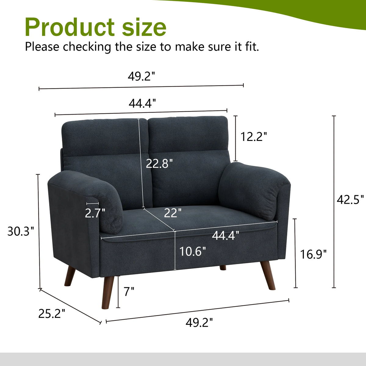 Black Upholstered 2-Seater Loveseat Sofa with Wood Legs O6649