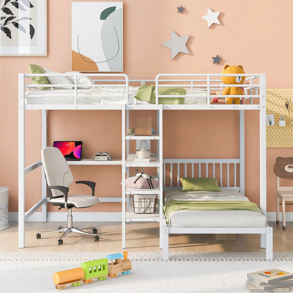 Twin Loft Bed with Desk Storage and Staircase Snow White A236