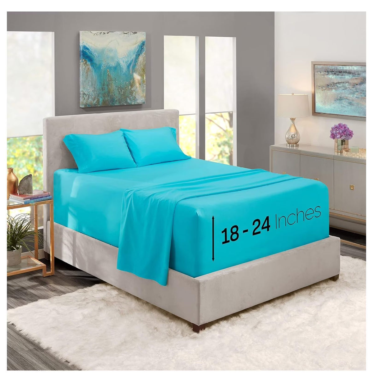 Bright Blue 4 Piece Queen Size Deep Pocket Sheet Set H8044