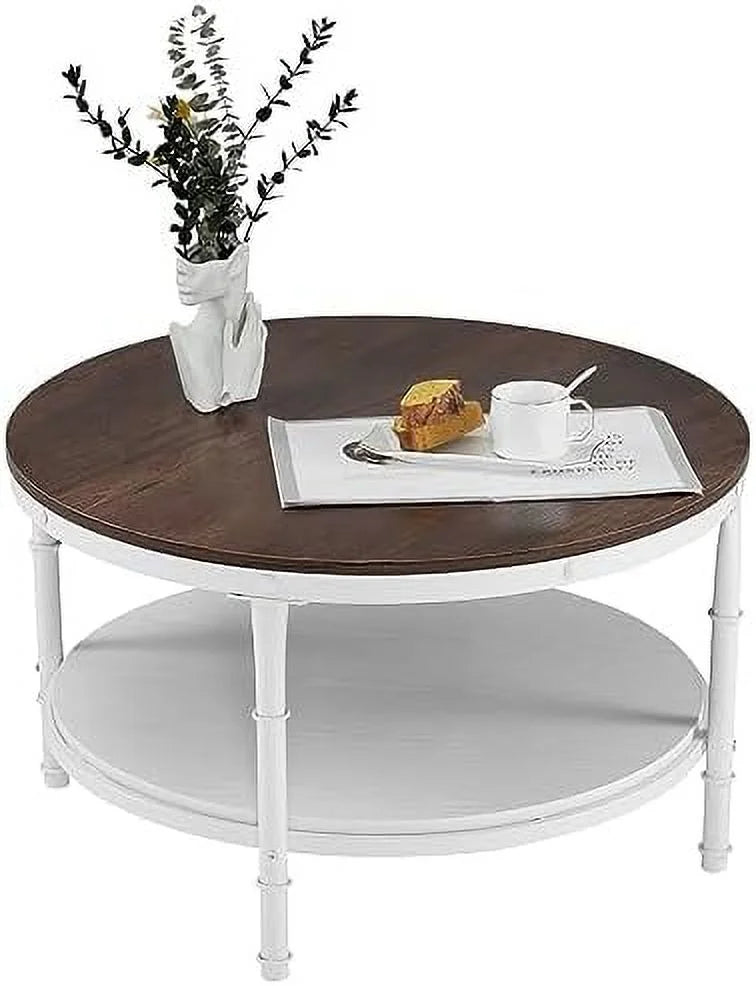31.5" Rustic Oak White Round 2-Tier Wood Coffee Table A689