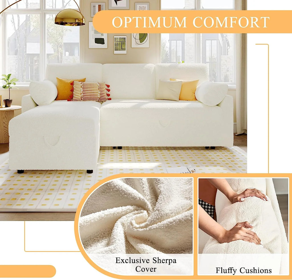 White Sherpa Sleeper Sofa with Storage Chaise C974629
