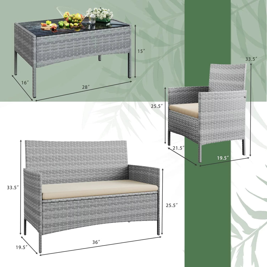 4 Pieces Wicker Rattan Patio Conversation Set with Cushion and Glass Table O24859