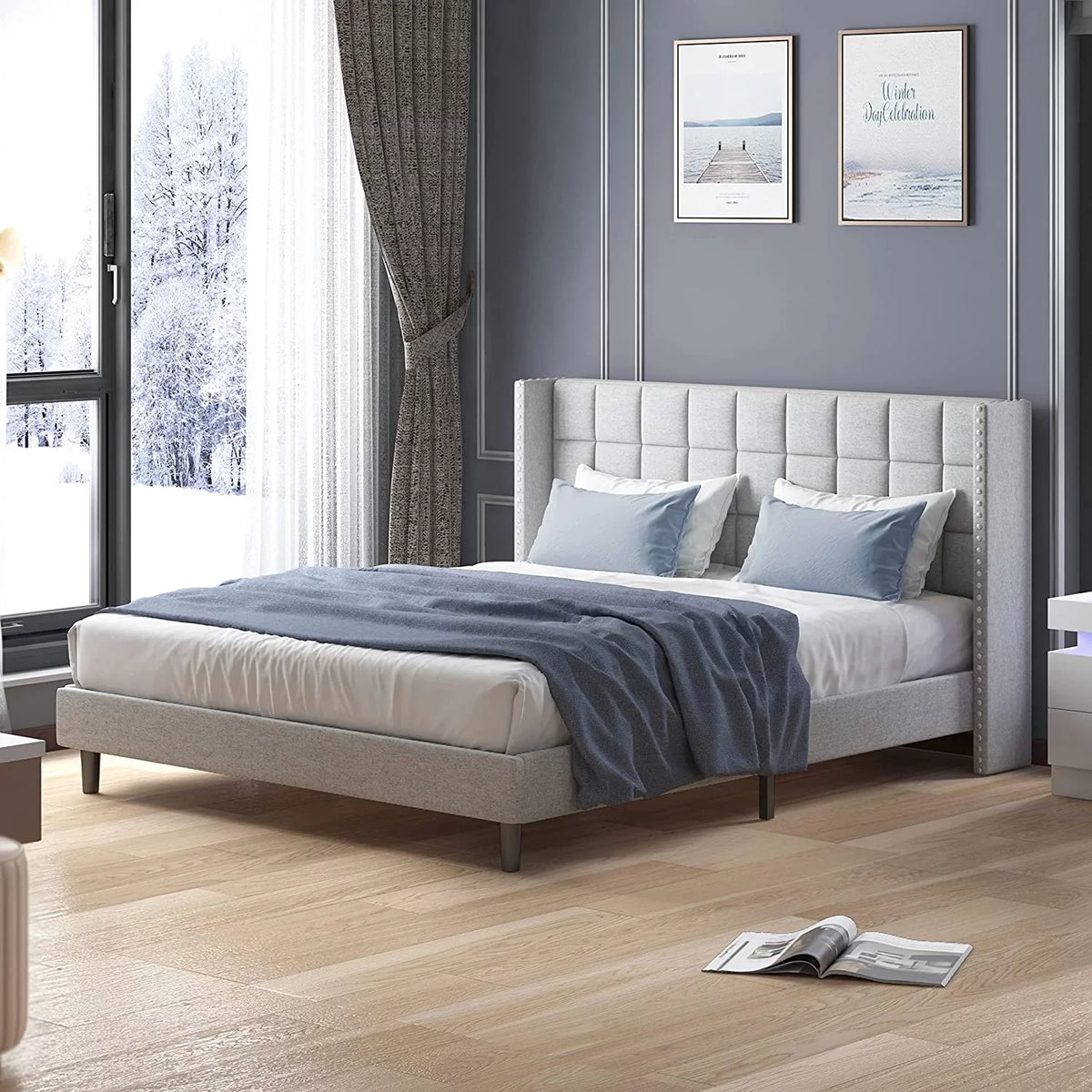Full Size Wood Platform Bed Frame with Headboard P381781