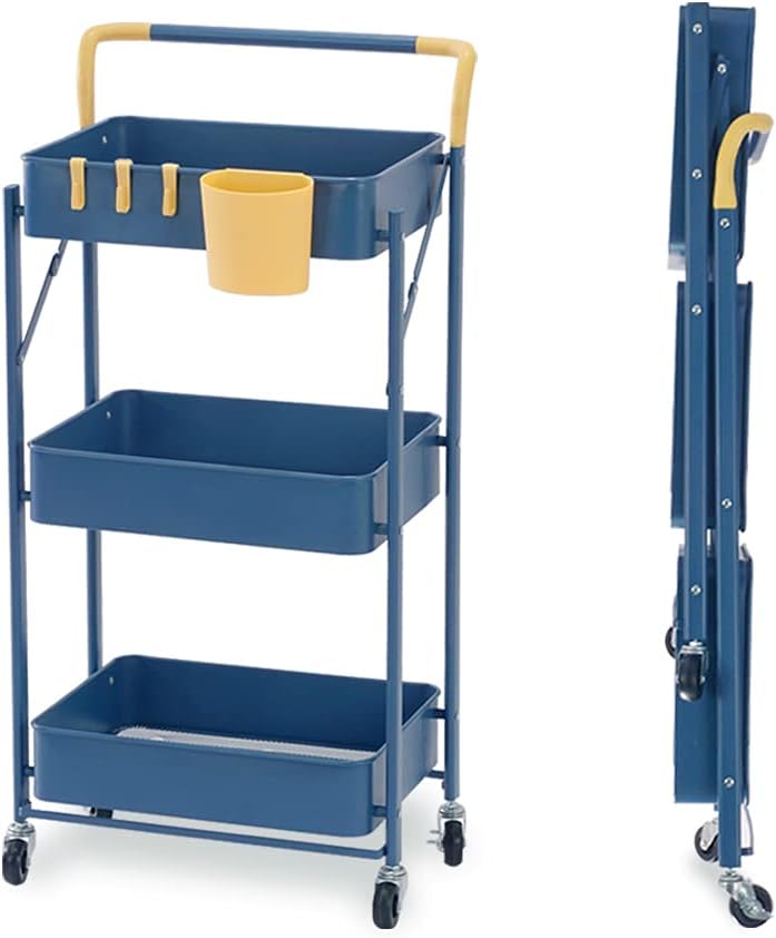 Blue Yellow 3-Tier Metal Rolling Utility Cart with Lockable Caster Wheels E82650