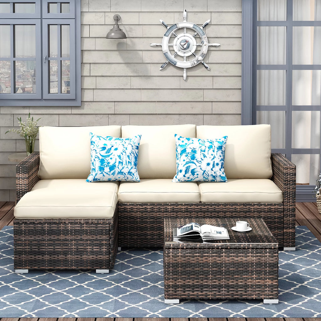 3 Pieces Beige Wicker Rattan Patio Sectional Set with Table V26246