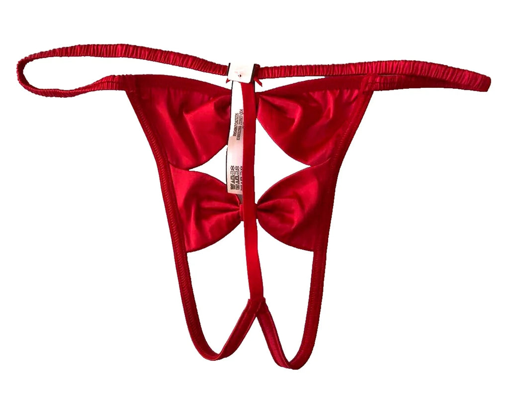 Red Crotchless Satin Bow V-String Panty X131