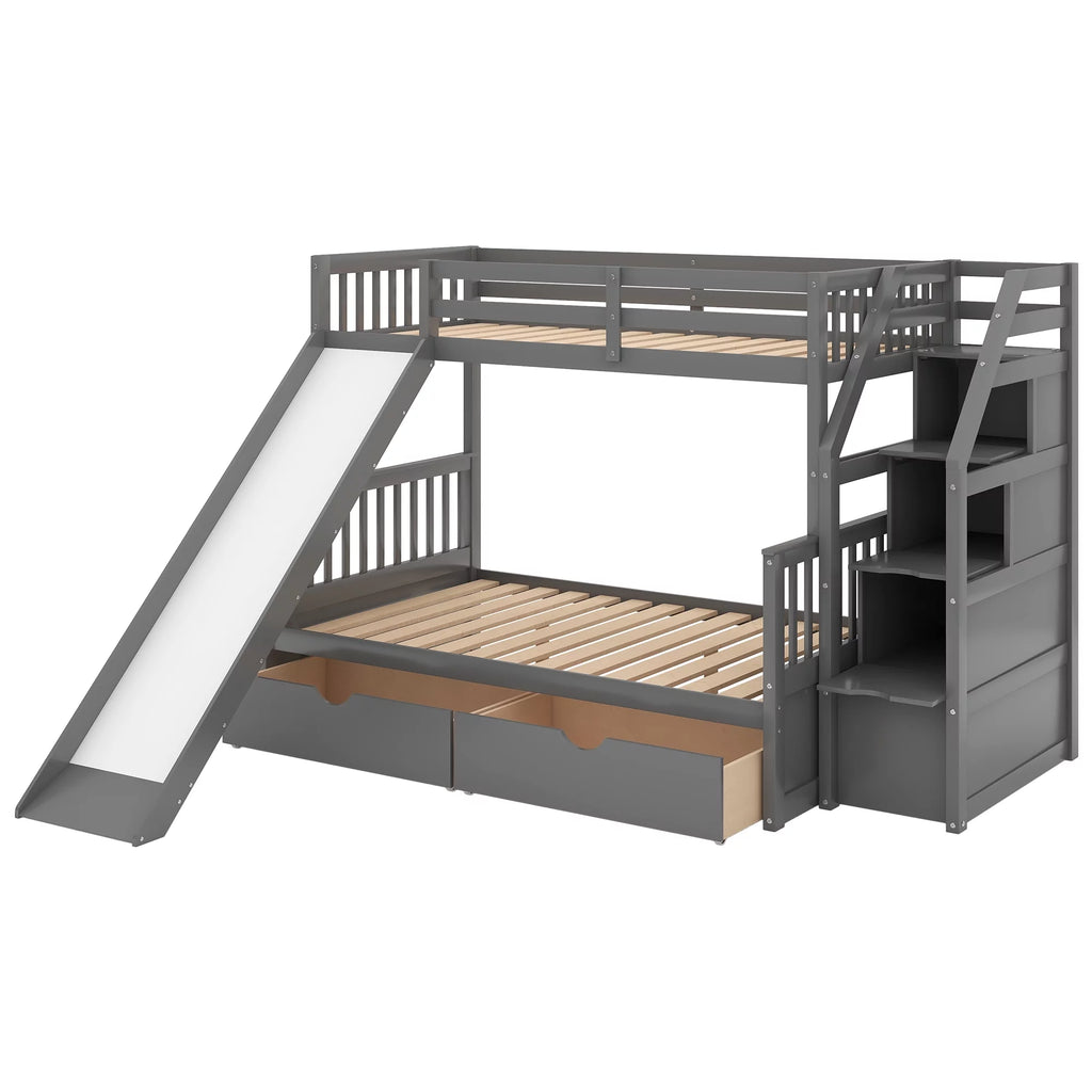 Gray Wood Twin over Full Bunk Bed with 2 Drawers and Slide B9612