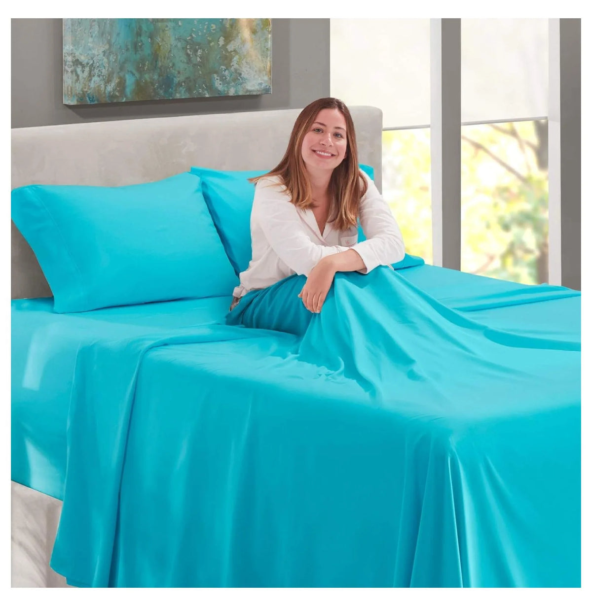 Bright Blue 4 Piece Queen Size Deep Pocket Sheet Set H8044