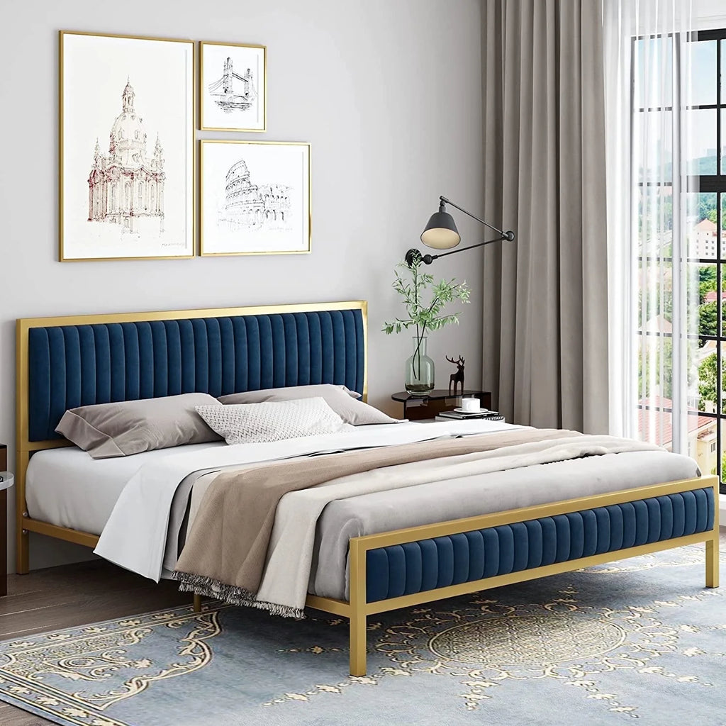 Full Size Metal Bed Frame with Velvet Tufted Headboard X346