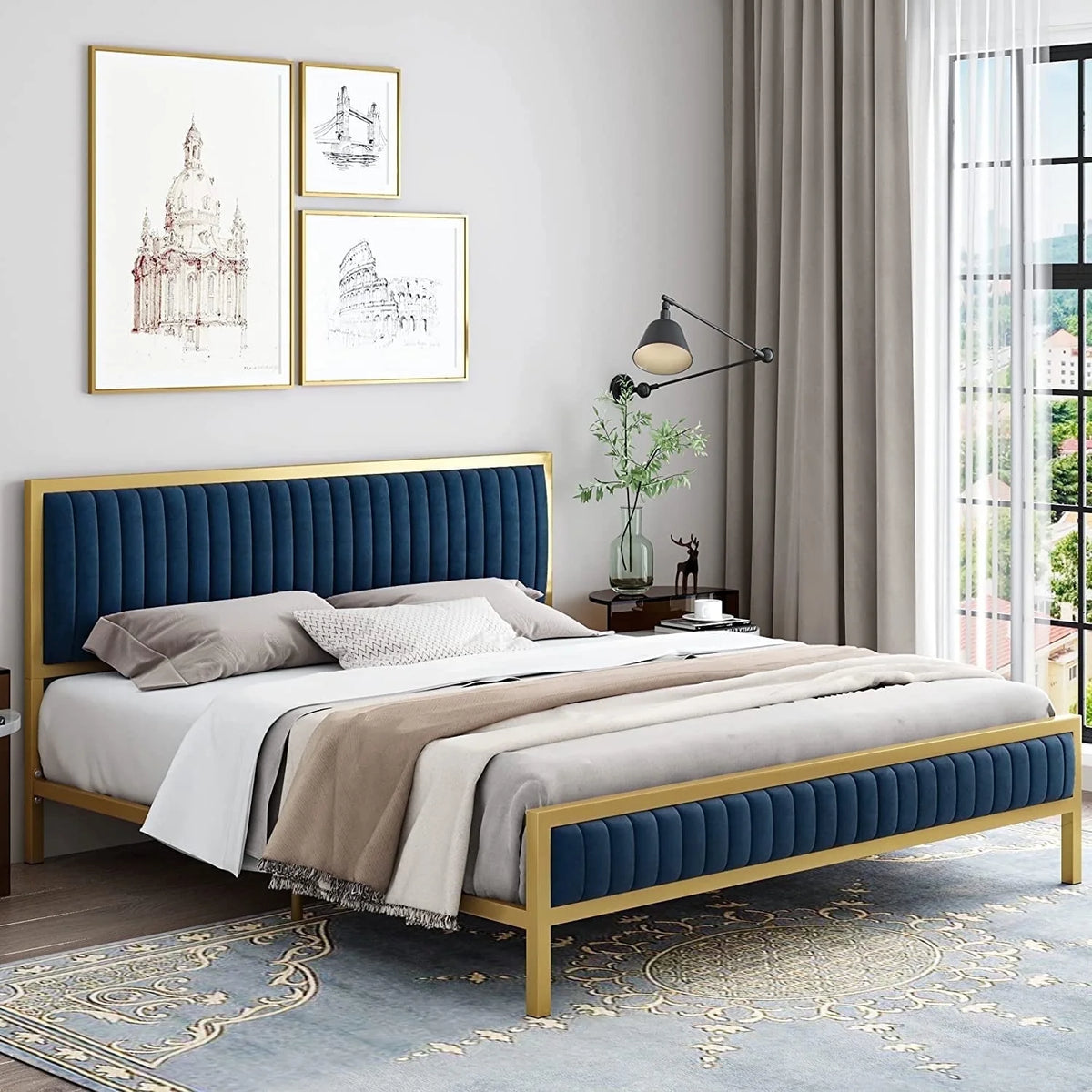 Full Size Metal Bed Frame with Velvet Tufted Headboard X346