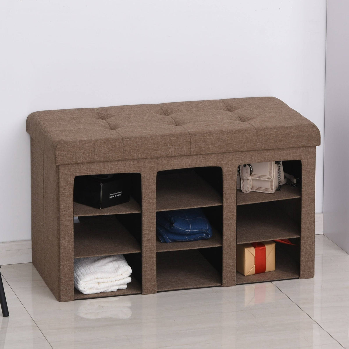 Grey Folding Storage Ottoman Bench with 9 Cubes E59786
