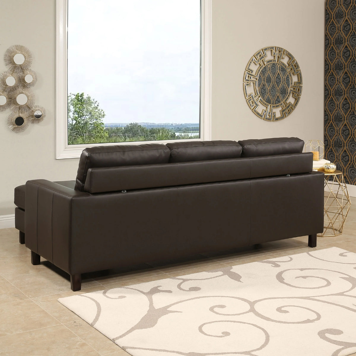 Brown Leather Reversible Sectional and Ottoman X745269
