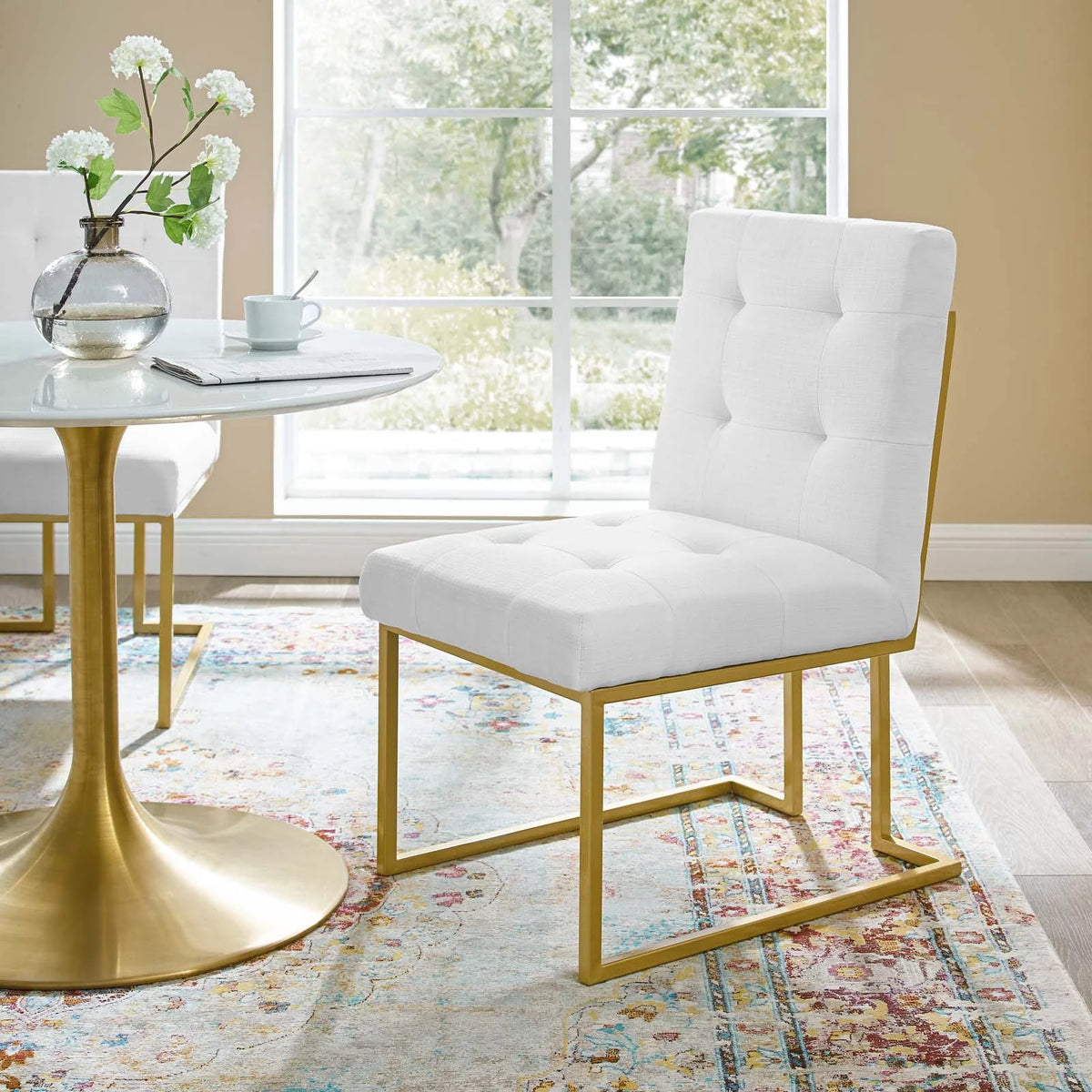 Gold White Fabric Metal Steel Side Chair R4431