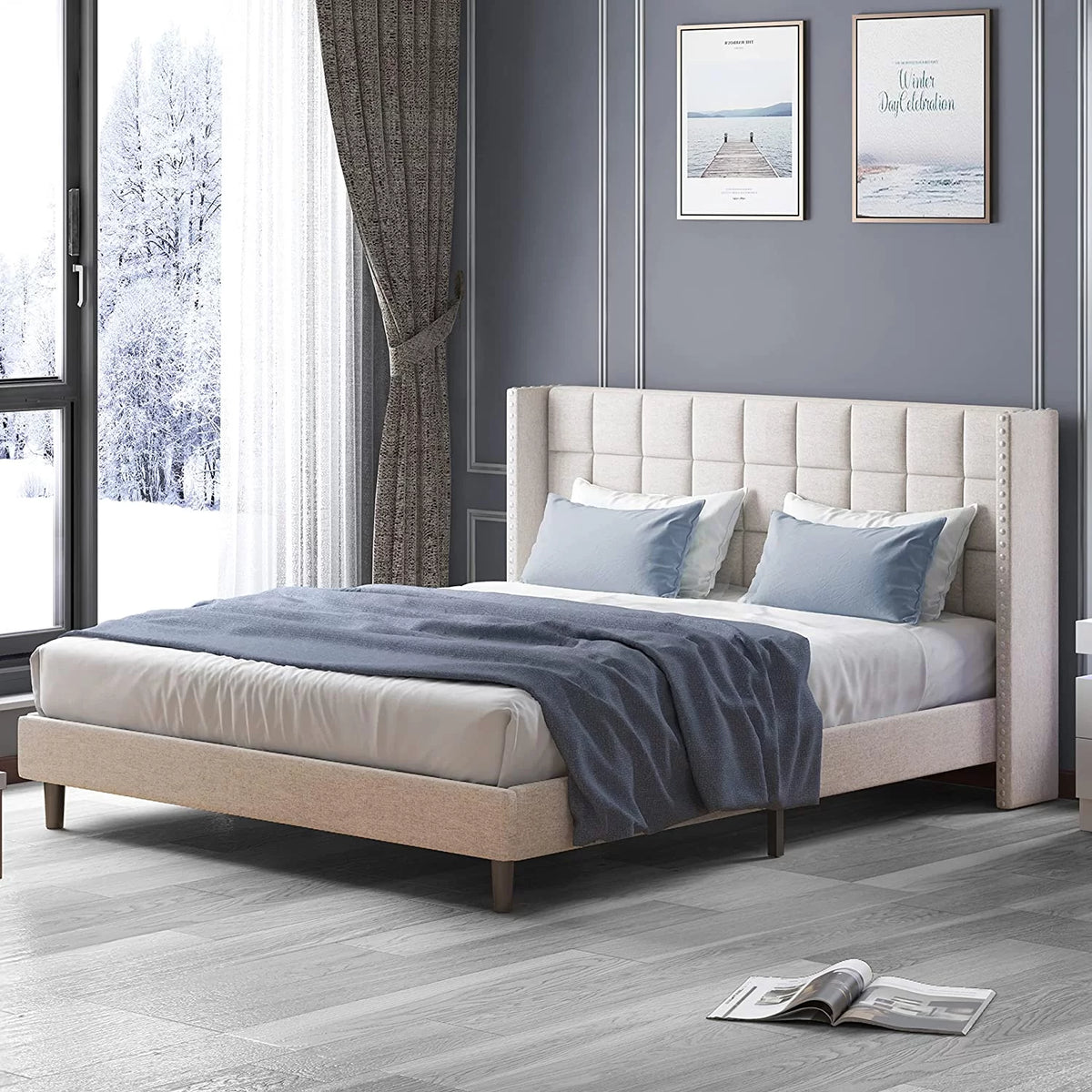 Full Size Wood Platform Bed Frame with Headboard X2338