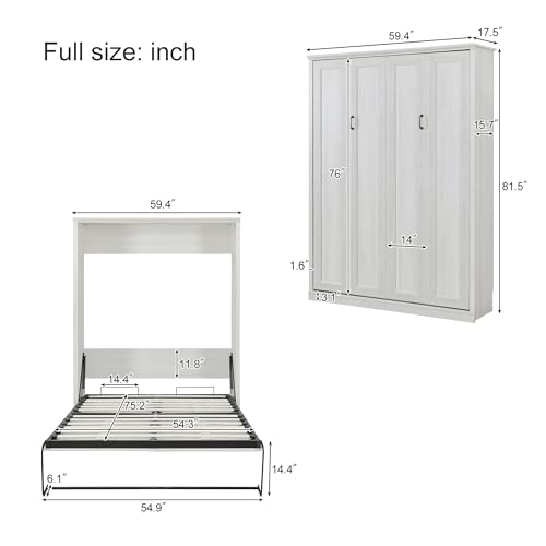White Wood Full Size Murphy Bed with Storage Cabinet L887390