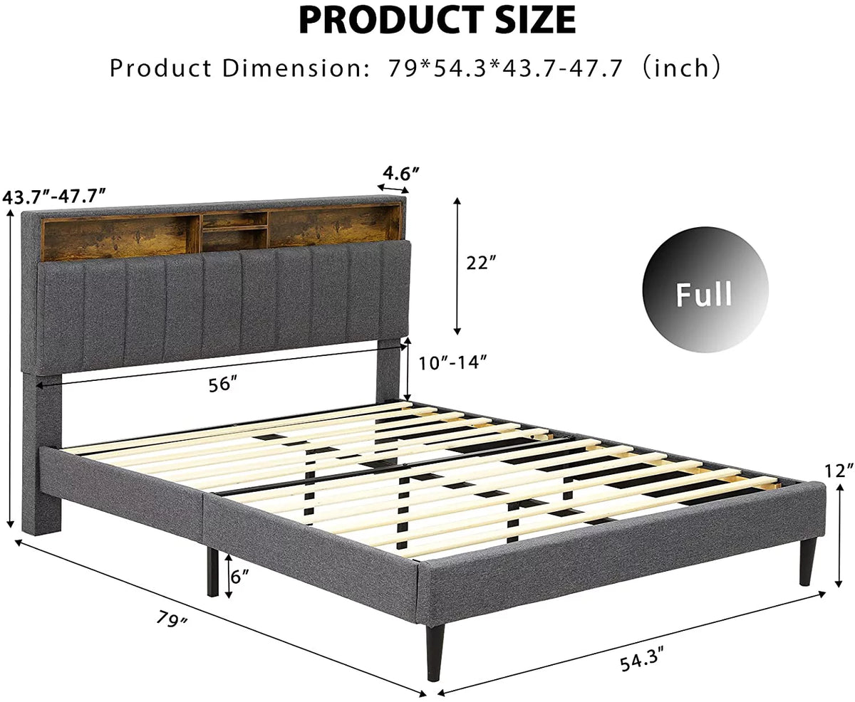 Full Size Upholstered Platform Bed Frame with Outlets & Storage Headboard N29159