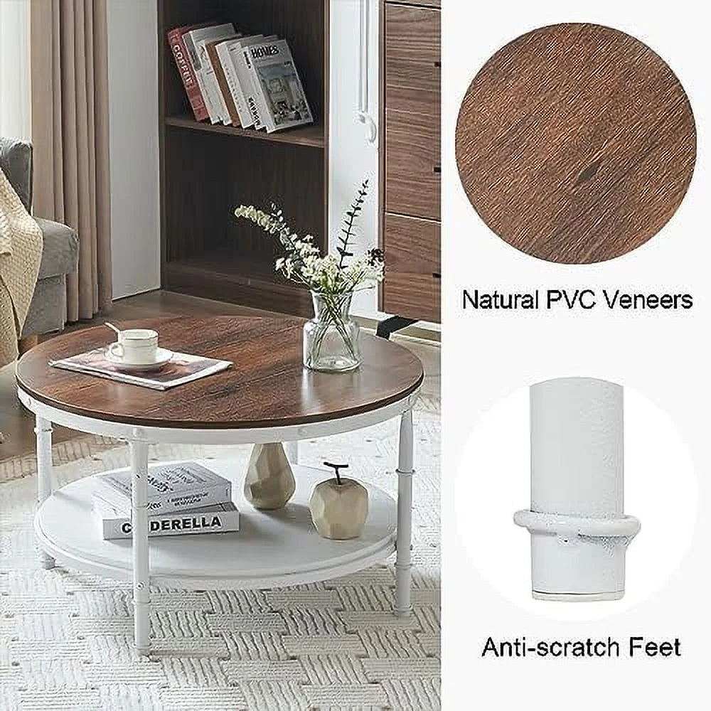 31.5" Rustic Oak White Round 2-Tier Wood Coffee Table A689