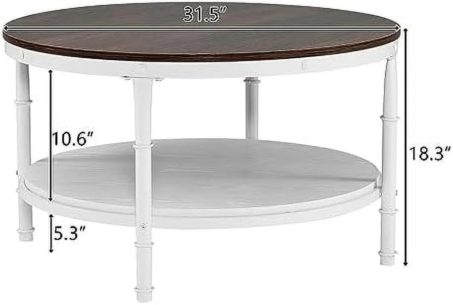 31.5" Rustic Oak White Round 2-Tier Wood Coffee Table A689