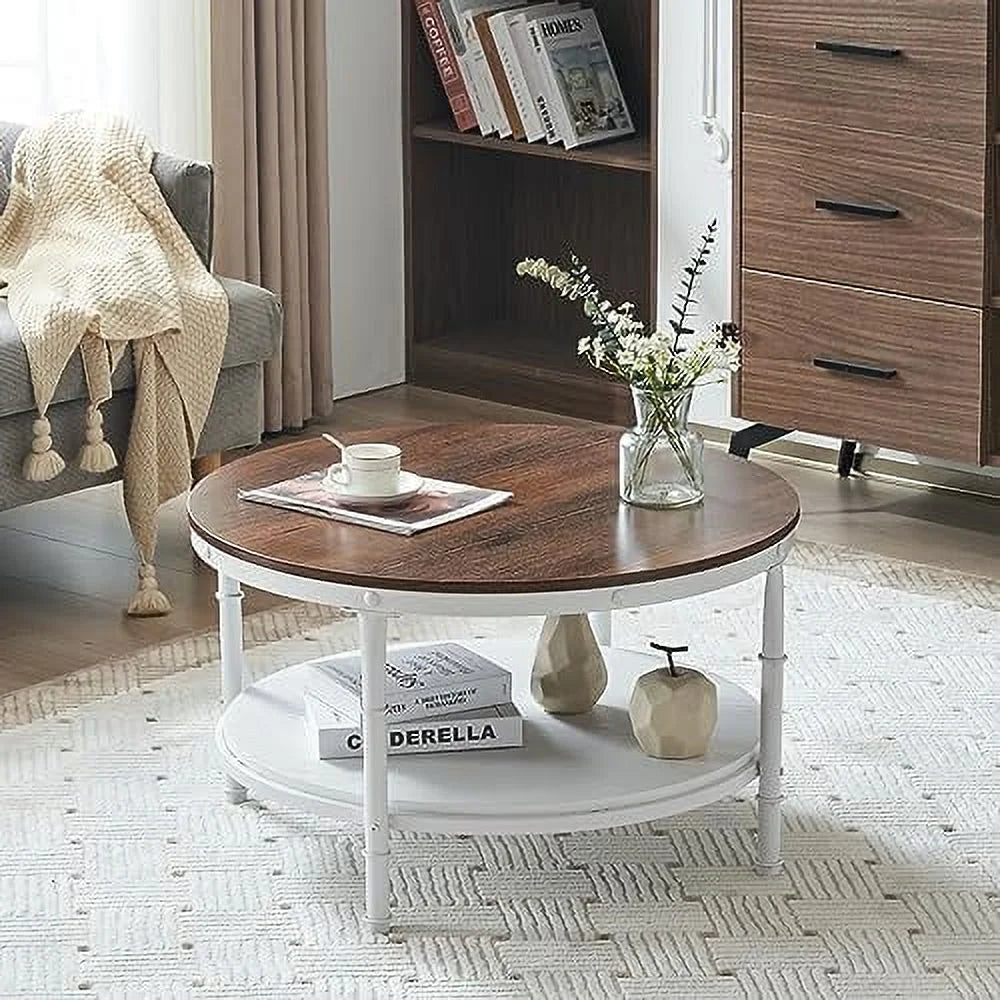 31.5" Rustic Oak White Round 2-Tier Wood Coffee Table A689