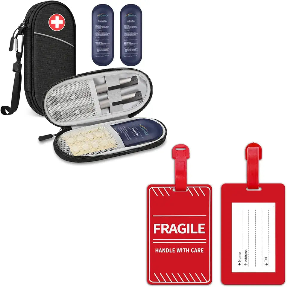 Black Insulin Cooler Travel Case with 2 Ice Packs and 2 Pack Fragile Luggage Tag N261