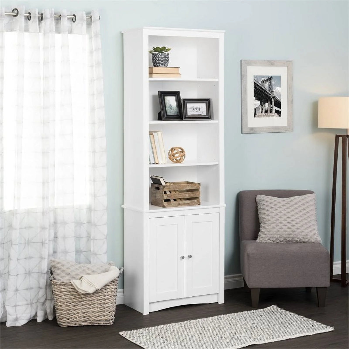 White 6 Shelf Bookcase with 2 Shaker Doors T60143