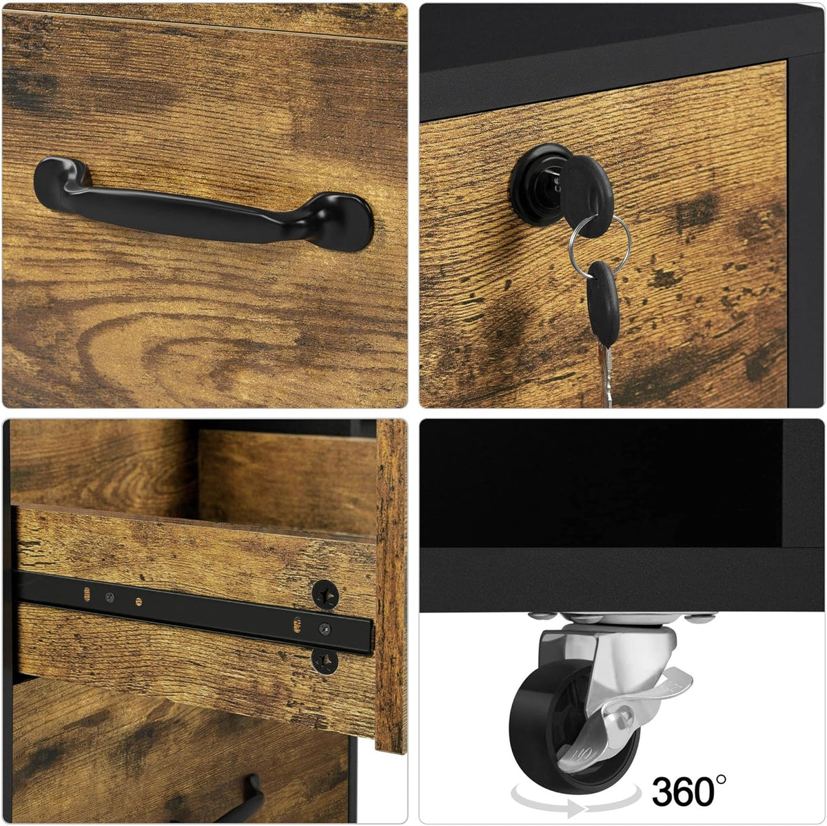 Black/Rustic Brown 2 Drawer Lateral File Cabinet with Wheels and 4 Open Shelves A101