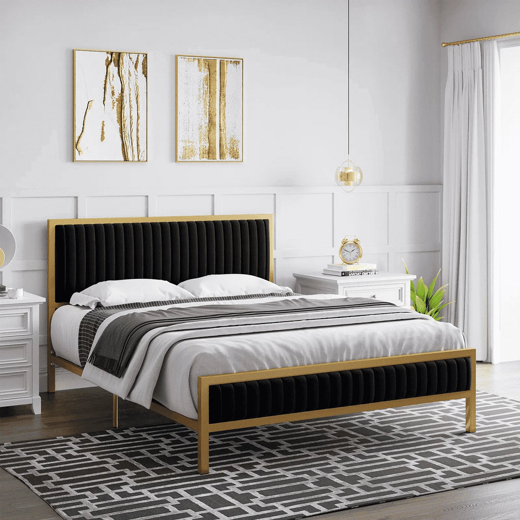 Full Size Metal Bed Frame with Velvet Tufted Headboard X346