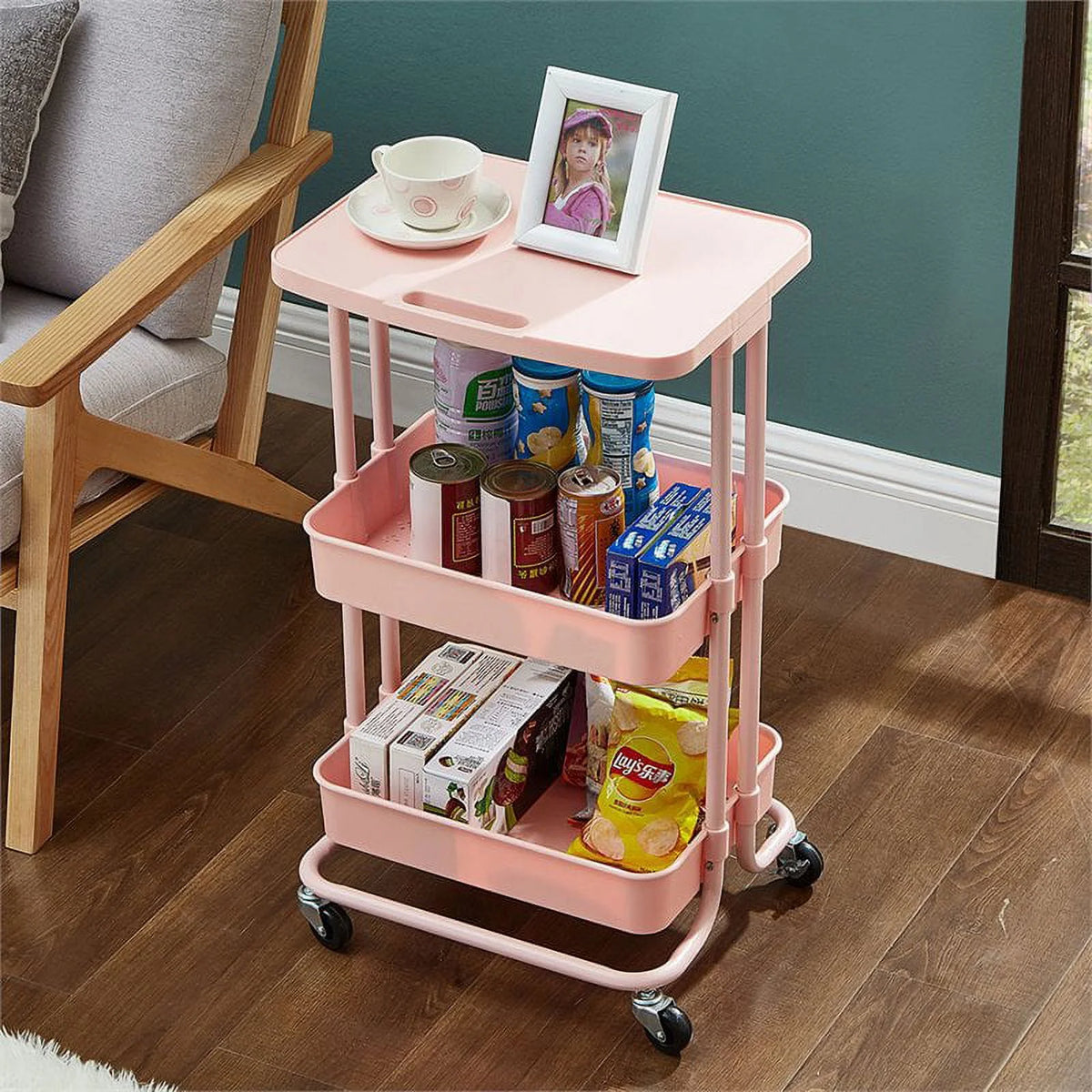 2-Tier Storage Trolley Rolling Cart Organizer with Table Top Pink R152238