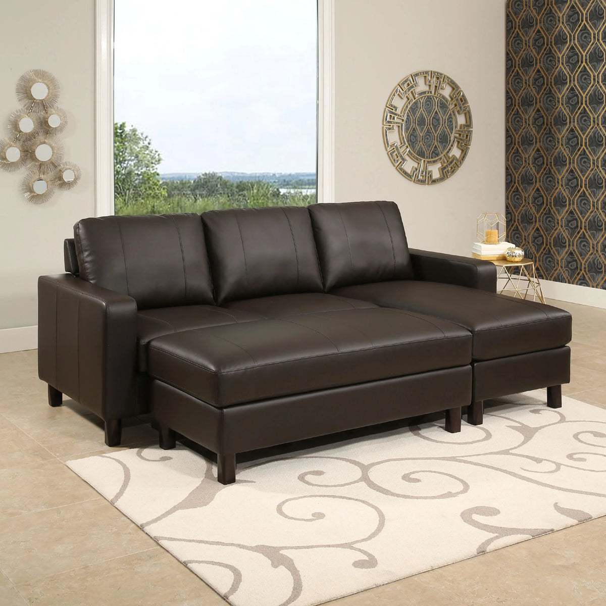 Brown Leather Reversible Sectional and Ottoman X745269