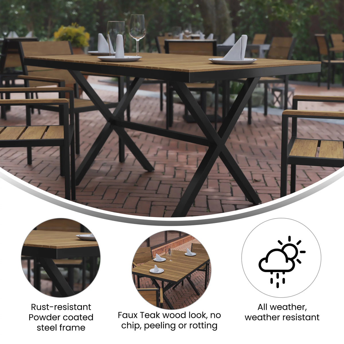 59" x 35.5" Outdoor Dining Table with Faux Teak Top and Gray Metal Frame Q5485
