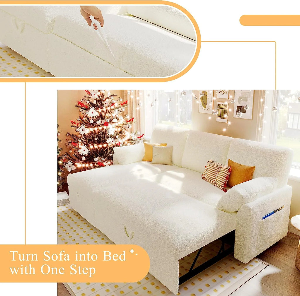 White Sherpa Sleeper Sofa with Storage Chaise C974629