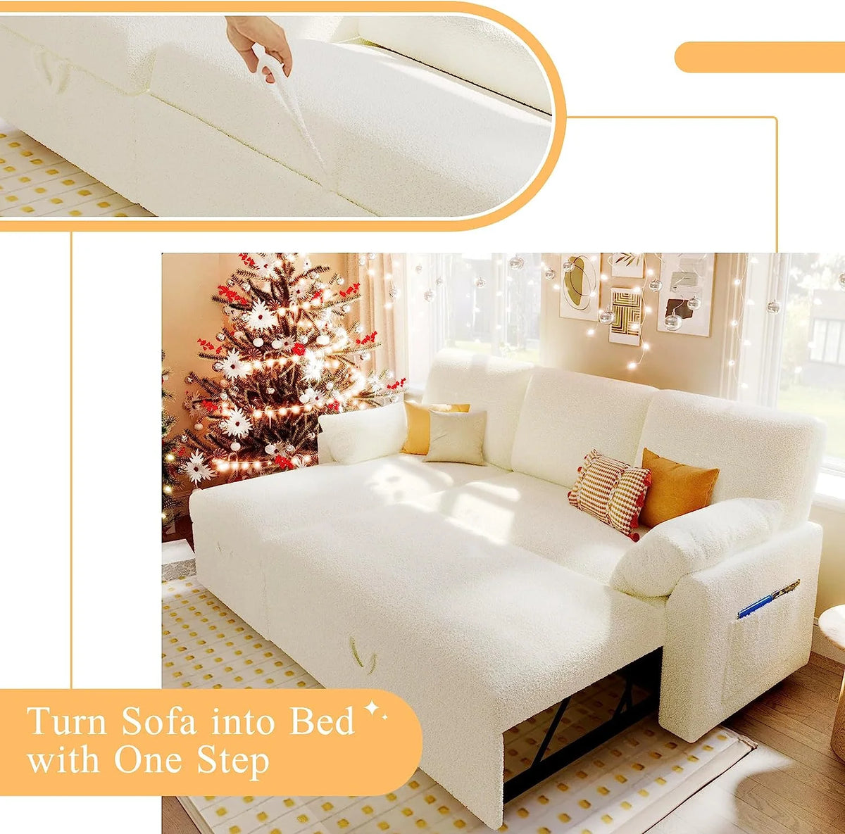 White Sherpa Sleeper Sofa with Storage Chaise C974629