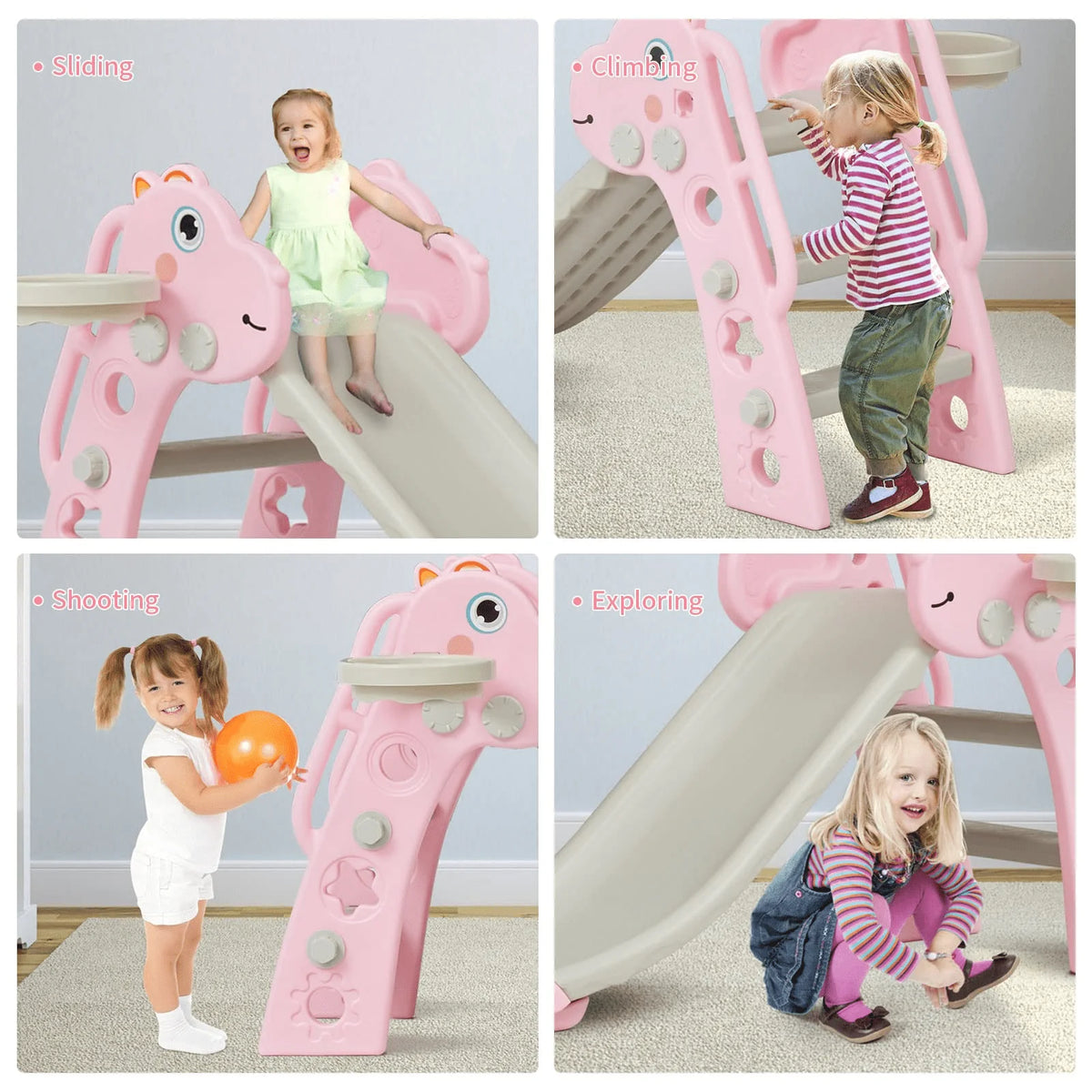 3 in 1 Toddler Slide Set with Basketball Hoop Pink N617946