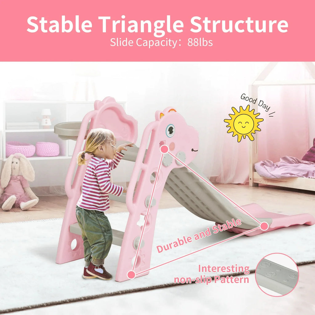 3 in 1 Toddler Slide Set with Basketball Hoop Pink N617946