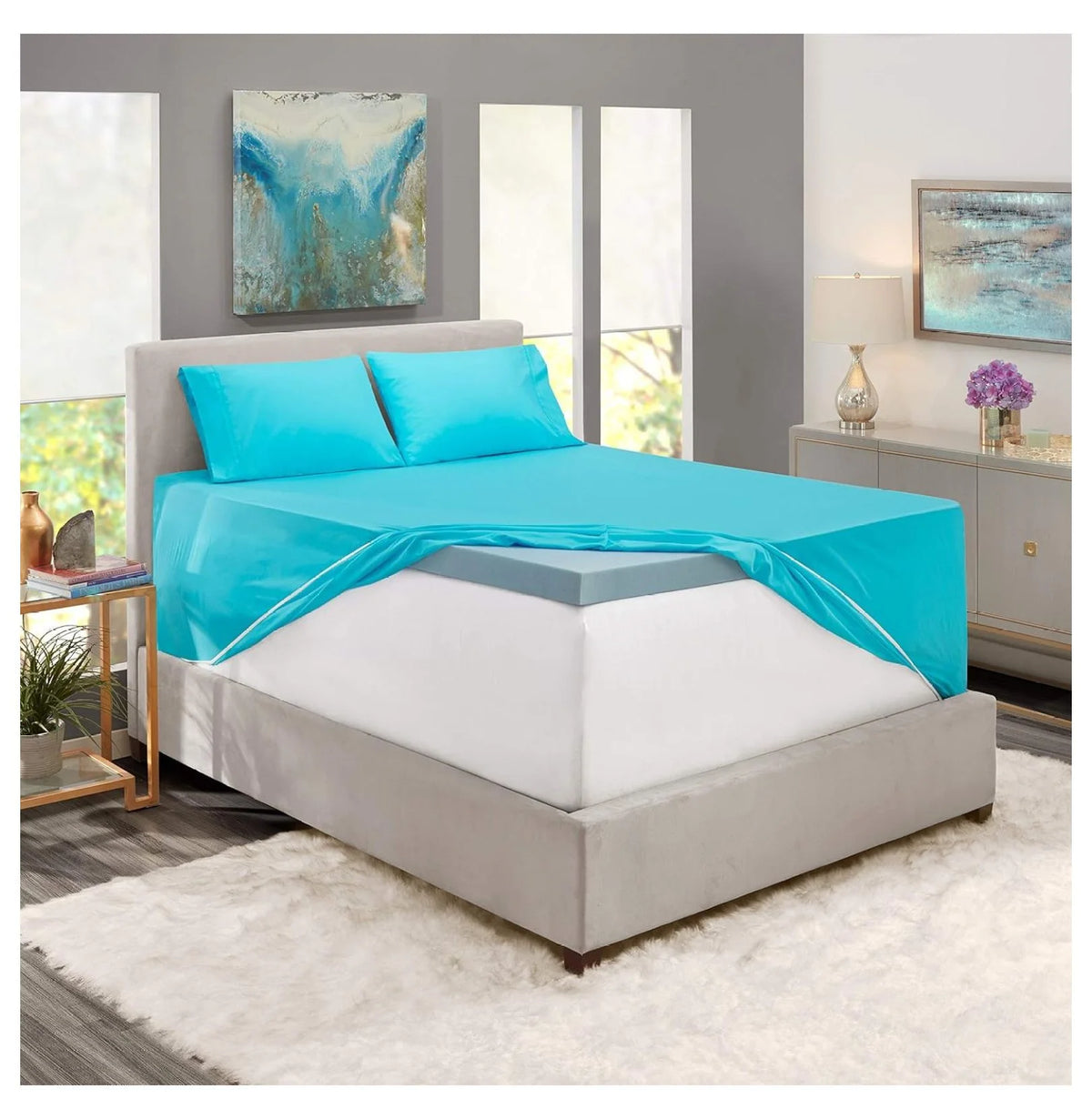 Bright Blue 4 Piece Queen Size Deep Pocket Sheet Set H8044