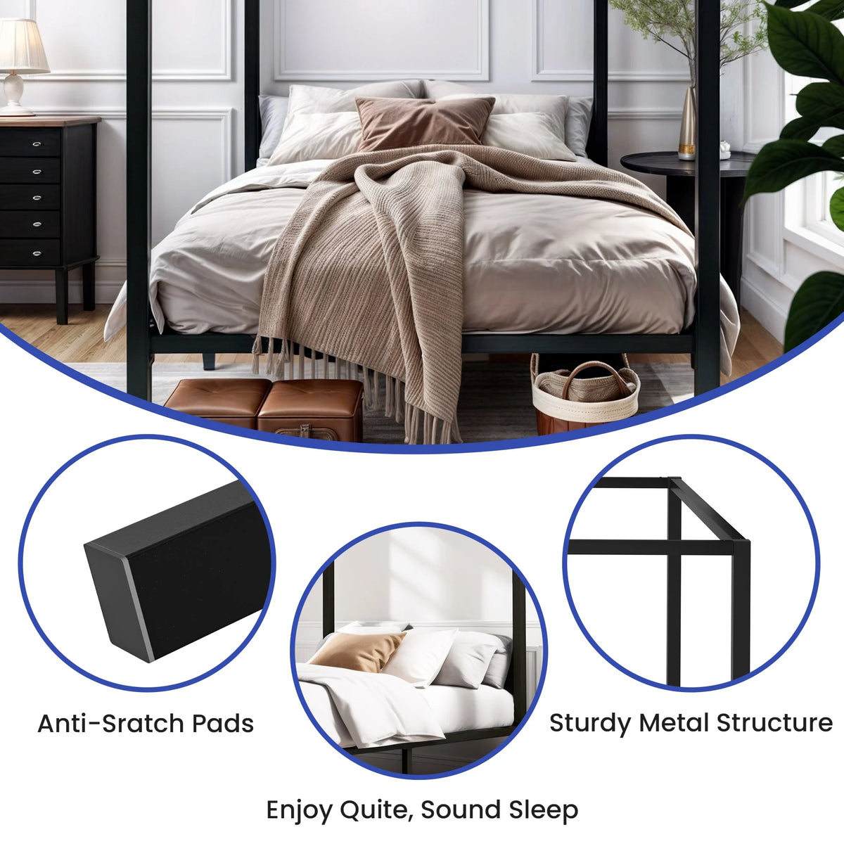 Queen Size 13 Inch Black Metal Canopy Bed Frame V23081