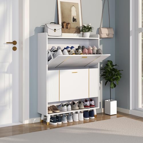 White 3 Flip Drawers Wooden Shoe Cabinet, Holds 28 Pairs S1750