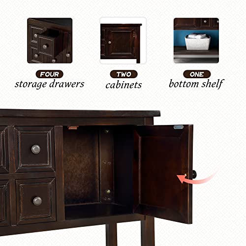 Espresso Buffet Sideboard Console with 2 Cabinets 4 Drawers and Open Bottom Shelf P7676