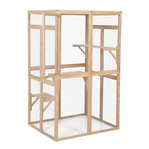 Extra Large Outdoor Wooden Cat Cage Waterproof Roof Catio with 7 Platform and 2 Resting Box (Orange) O955
