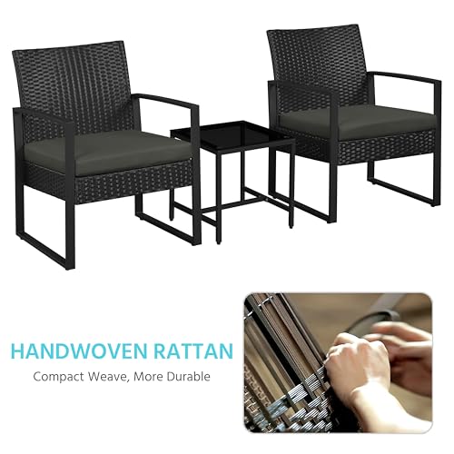3 Pieces Rattan Bistro Set with Tempered Glass Coffee Table O5658
