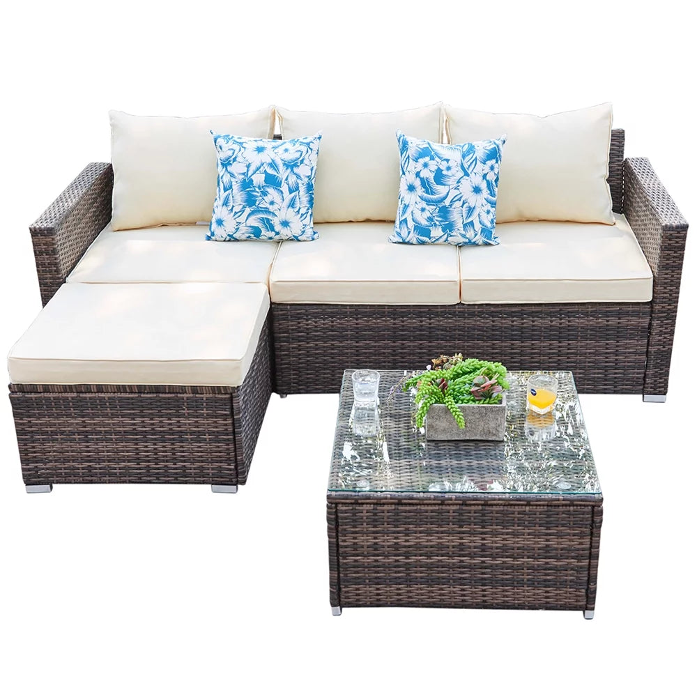 3 Pieces Beige Wicker Rattan Patio Sectional Set with Table V26246