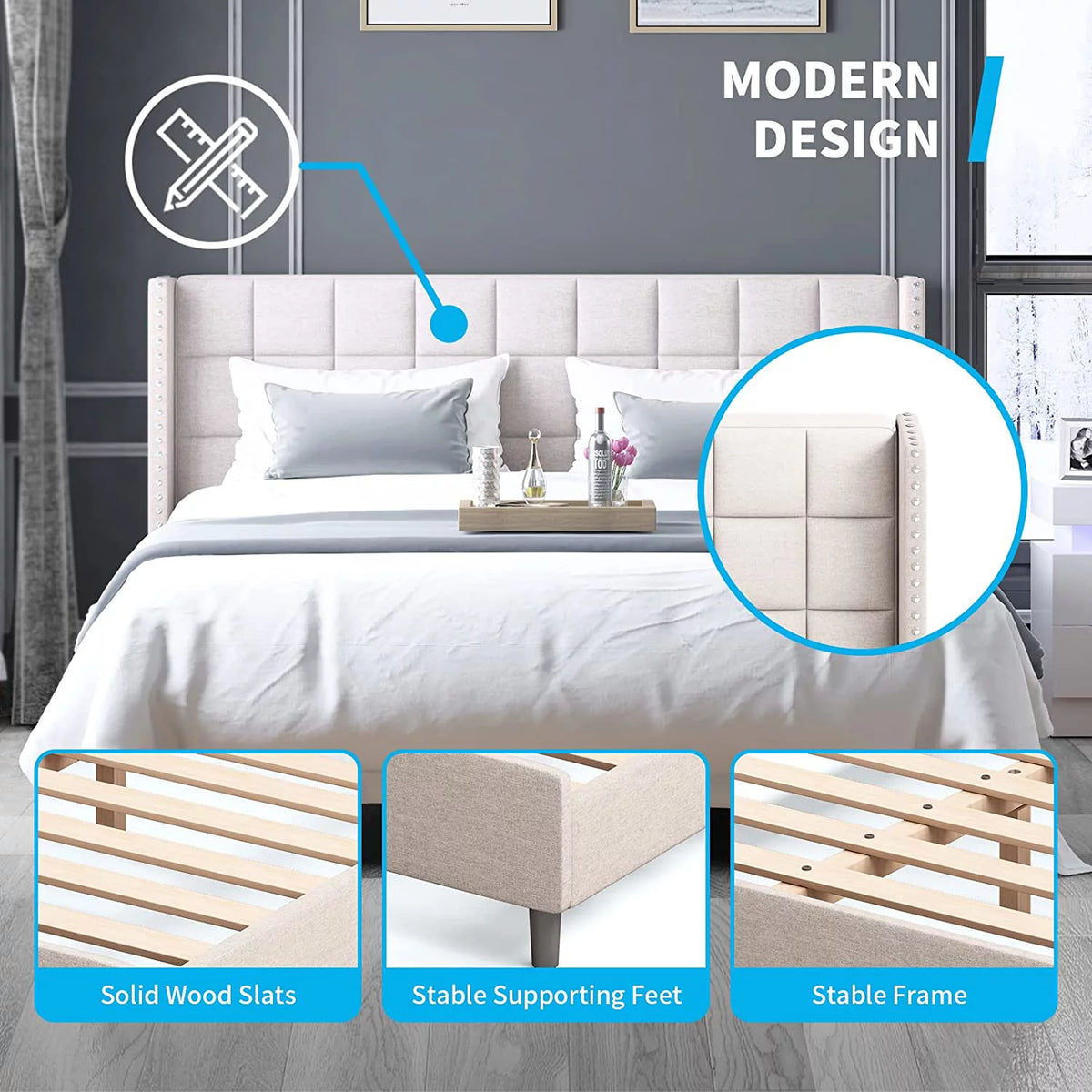 Full Size Wood Platform Bed Frame with Headboard X2338