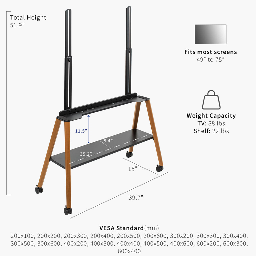 Rolling TV Floor Stand with Shelf, Fits 49" to 75" Screens H658640