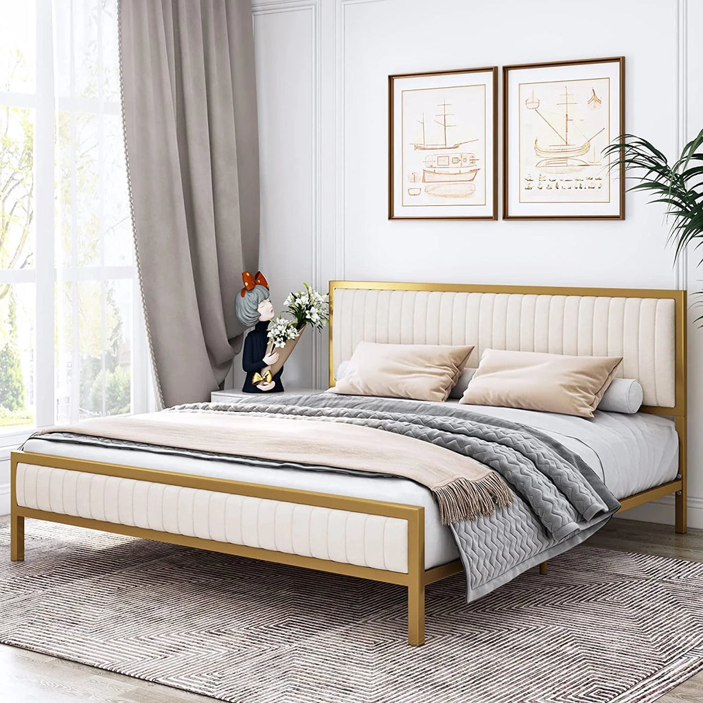 Full Size Metal Bed Frame with Velvet Tufted Headboard X346