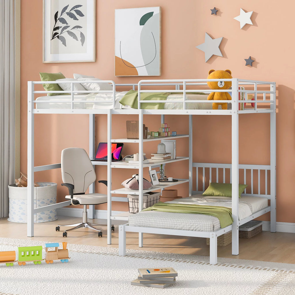 Twin Loft Bed with Desk Storage and Staircase Snow White A236