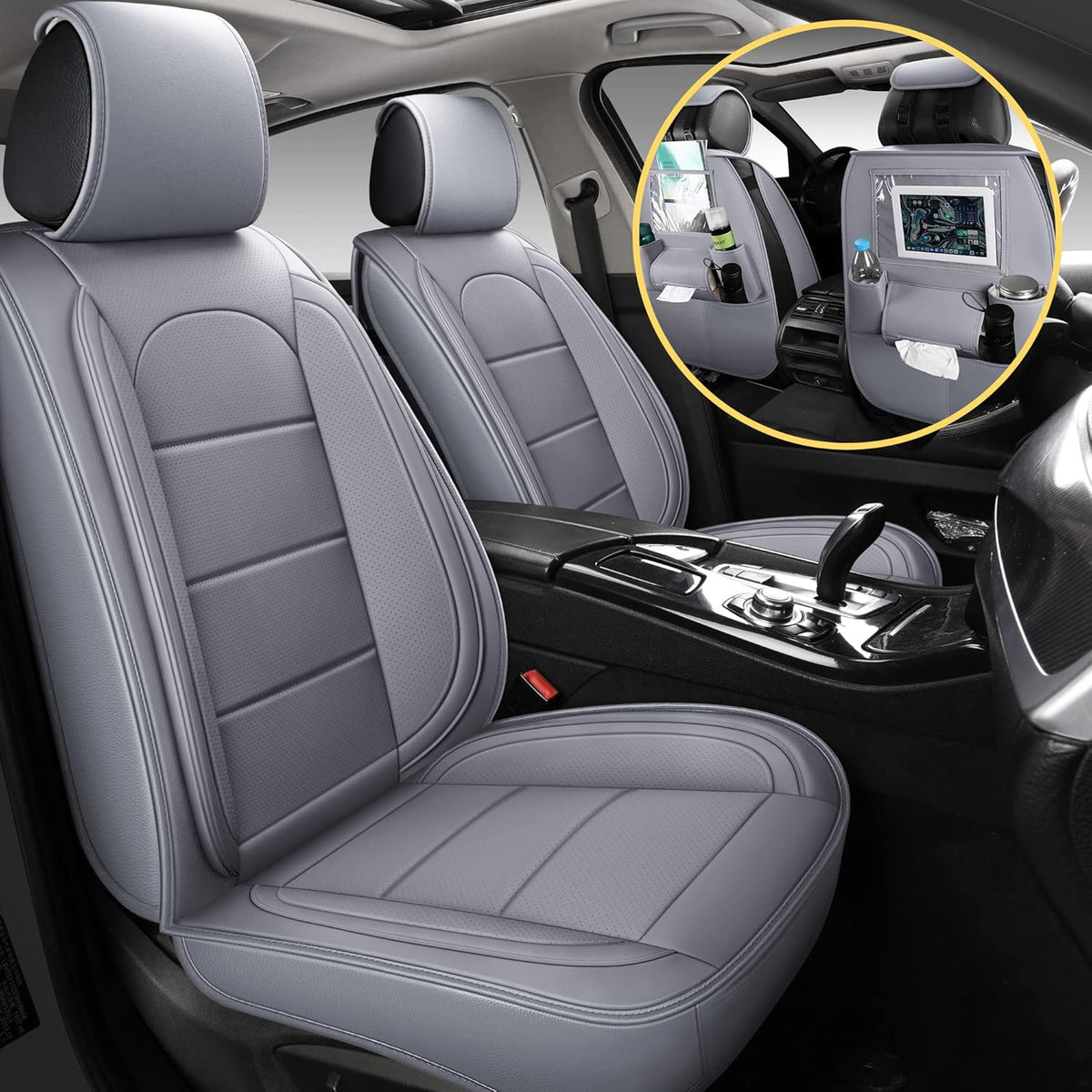 Black Leather Car Seat Covers with Backseat Organizer, Front Pair T6437