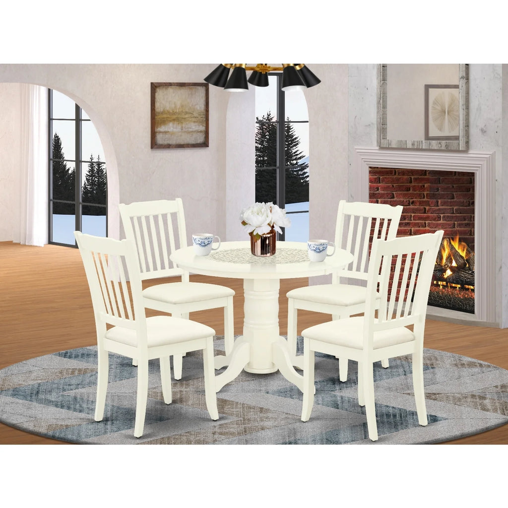 5 Pc Round Dining Table and 4 Linen Seat Chairs White H986