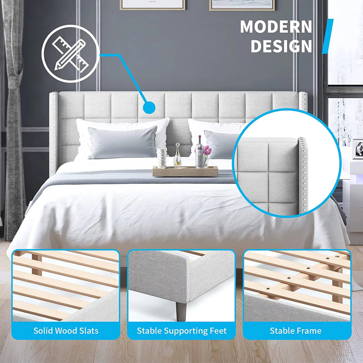 Full Size Wood Platform Bed Frame with Headboard P381781