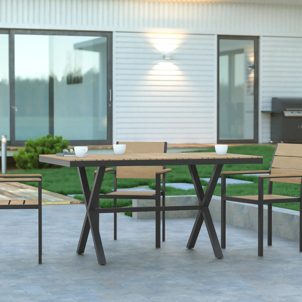 59" x 35.5" Outdoor Dining Table with Faux Teak Top and Gray Metal Frame Q5485