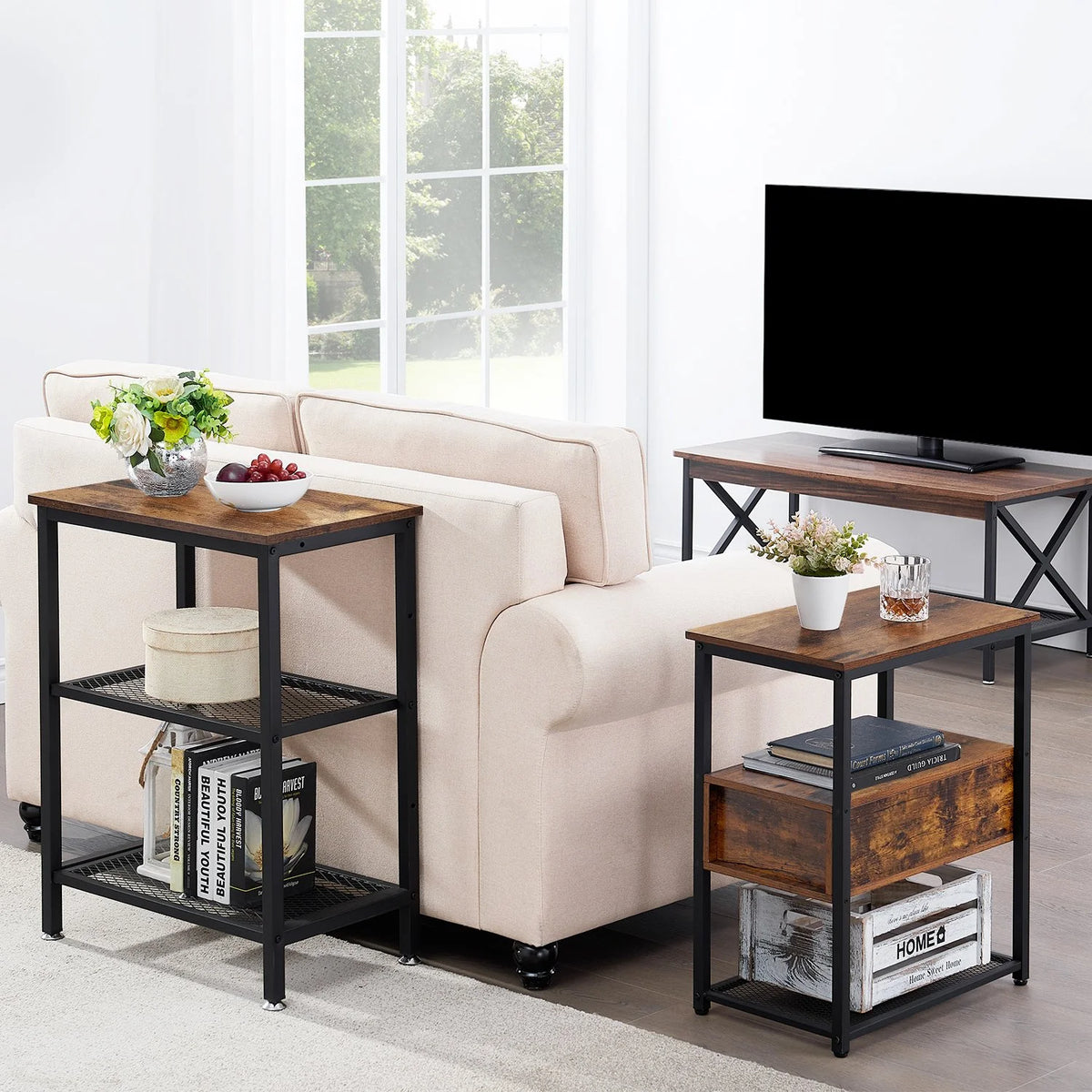 Brown 3-Tier Open Shelves Nightstand, Set of 2 H224474